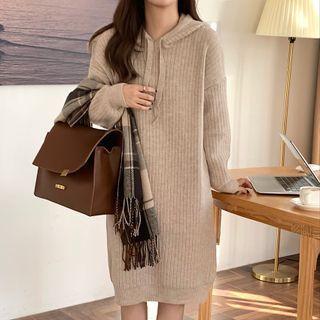 Plain Knit Hooded Midi Shift Dress