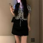 Plaid Short-sleeve Top / Denim A-line Dress