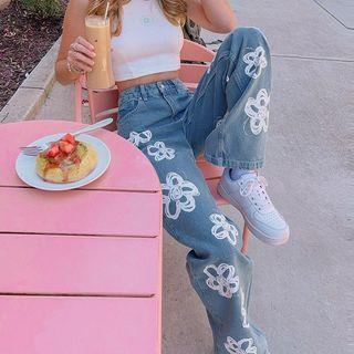 High Waist Flower Print Straight Leg Jeans