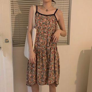 Spaghetti Strap Floral Print Midi A-line Dress Black & Tangerine & Green - One Size