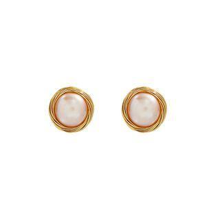 Simple And Fashion Plated Gold Geometric Round Pink Freshwater Pearl Large Stud Earrings Golden - One Size
