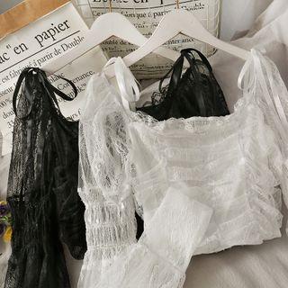 Boatneck Ruched Lace Crop Blouse