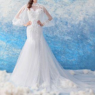 Embroidered Balloon-sleeve Mermaid Wedding Gown