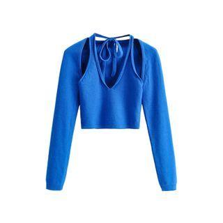 Set: Halter-neck Knit Crop Tank Top + Shrug
