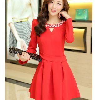 Long-sleeve Beaded Cutout A-line Dress