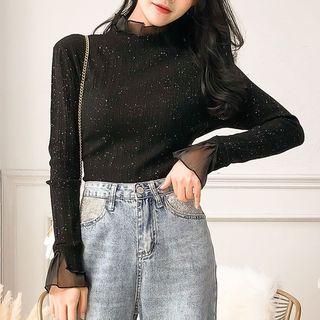 Mock-turtleneck Mesh Trim Glitter Long-sleeve Top