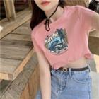 Short-sleeve Print Cropped T-shirt Dark Army Green - One Size
