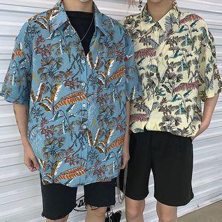 Couple-matching Leaf Print Elbow-sleeve Shirt
