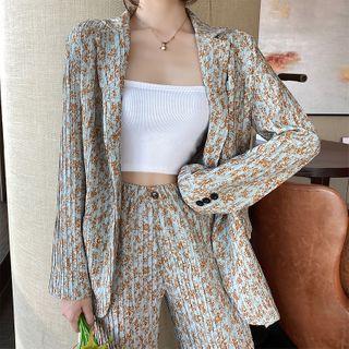 Floral Print Blazer / Ruched Wide-leg Pants