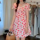Bell-sleeve Lace-trim Floral Mini Dress