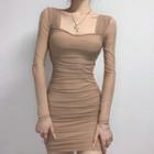 Long-sleeve Square Neck Ruched Mesh Mini Bodycon Dress