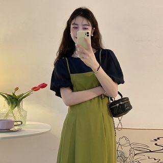 Short-sleeve Plain Blouse / Spaghetti-strap Midi A-line Dress