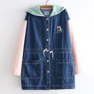Colored Panel Hooded Denim Jacket Dark Blue - One Size