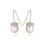 Sterling Silver Plated Gold Simple Fashion Flower White Freshwater Pearl Earrings With Cubic Zirconia Golden - One Size