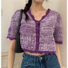 Short-sleeve Contrast Trim Knit Top Purple & White - One Size