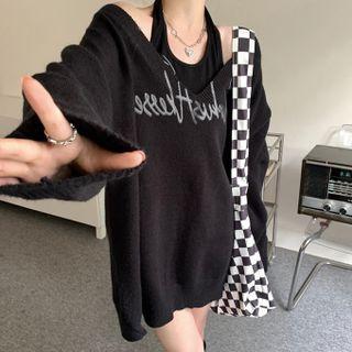 Set: Halter Lettering Tank Top + V-neck Sweater