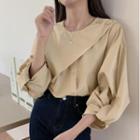 Round-neck Puff-sleeve Irregular Shirt Khaki - One Size