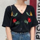 Short-sleeve Flower Embroidered Cardigan