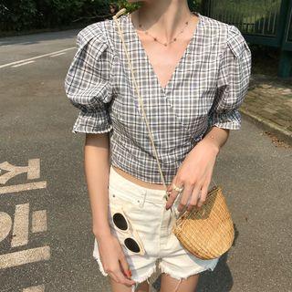 Puff-sleeve V-neck Plaid Ribbon-back Top Top - One Size