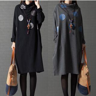 Dotted Long-sleeve Cowl Neck Dress