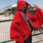 Fringed Patterned Trim Hooded Poncho