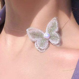 Faux Pearl Butterfly Fishing Line Choker 0410a - Necklace - White - One Size