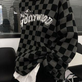 Plaid Lettering Round-neck Sweater