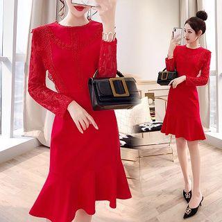 Ruffle Hem Lace Panel Long-sleeve A-line Dress