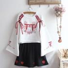 Flower Embroidered Flared-sleeve Pullover / Heart Embroidered Mini A-line Skirt / Set