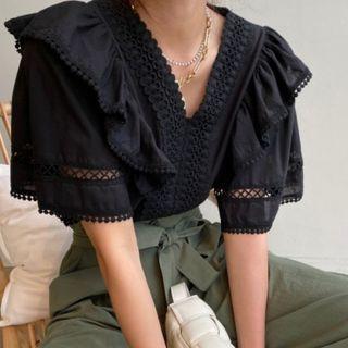 Ruffle Eyelet Lace Blouse Black - One Size