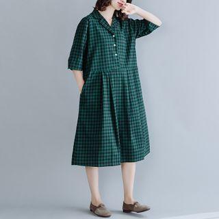 Elbow-sleeve Gingham Midi A-line Dress