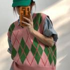 V-neck Argyle Sweater Vest Pink & Green - One Size