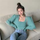 Puff-sleeve Square-neck Cropped Sweater