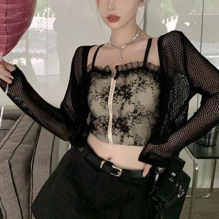 Long-sleeve Pointelle Cardigan / Lace Trim Zip-up Floral Camisole Top