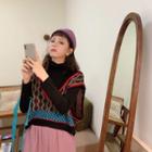 Turtleneck Long-sleeve Top / Wide-leg Pants / Patterned Knit Vest