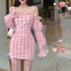Off-shoulder Gingham Drawstring Mini Sheath Dress