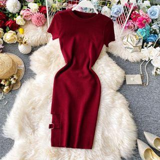 Slit Belted Detail Short-sleeve Knit Dress