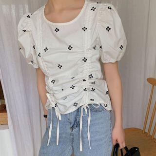 Short-sleeve Round-neck Drawstring Top
