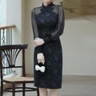Puff-sleeve Floral Jacquard Sheath Dress