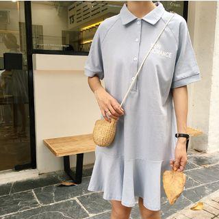 Lettering Elbow Sleeve Polo Shirt Dress