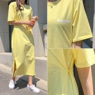 Letter-printed Button-side Long T-shirt Dress