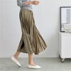 Elastic-waist Pleated Midi Velvet Skirt