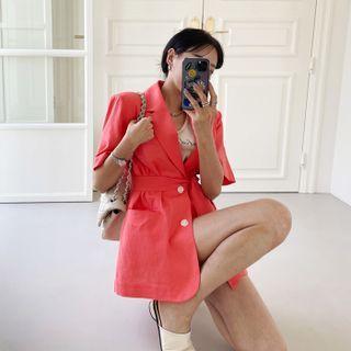 Short-sleeve Linen-blend Blazer With Sash