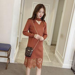 Long-sleeve Lace Panel Cutout Knit Midi Dress