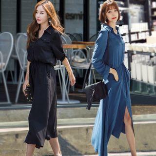 Long-sleeve Drawstring-waist Midi Shirtdress