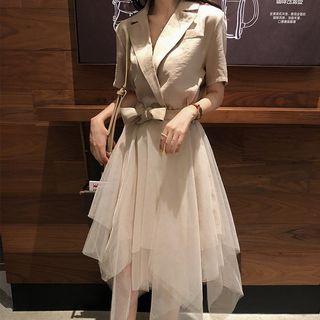 Short Sleeve Notch Lapel Asymmetric Mesh Panel Dress