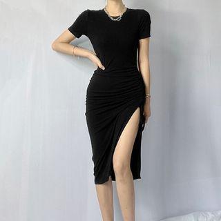 Short-sleeve Drawstring Slit Midi Bodycon Dress