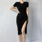 Short-sleeve Drawstring Slit Midi Bodycon Dress