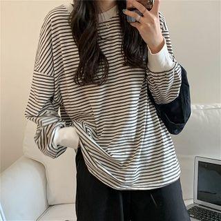 Color-block Striped Crewneck Long-sleeve T-shirt Stripe - One Size
