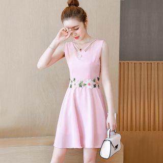 Sleeveless Embroidered Floral Chiffon A-line Mini Dress